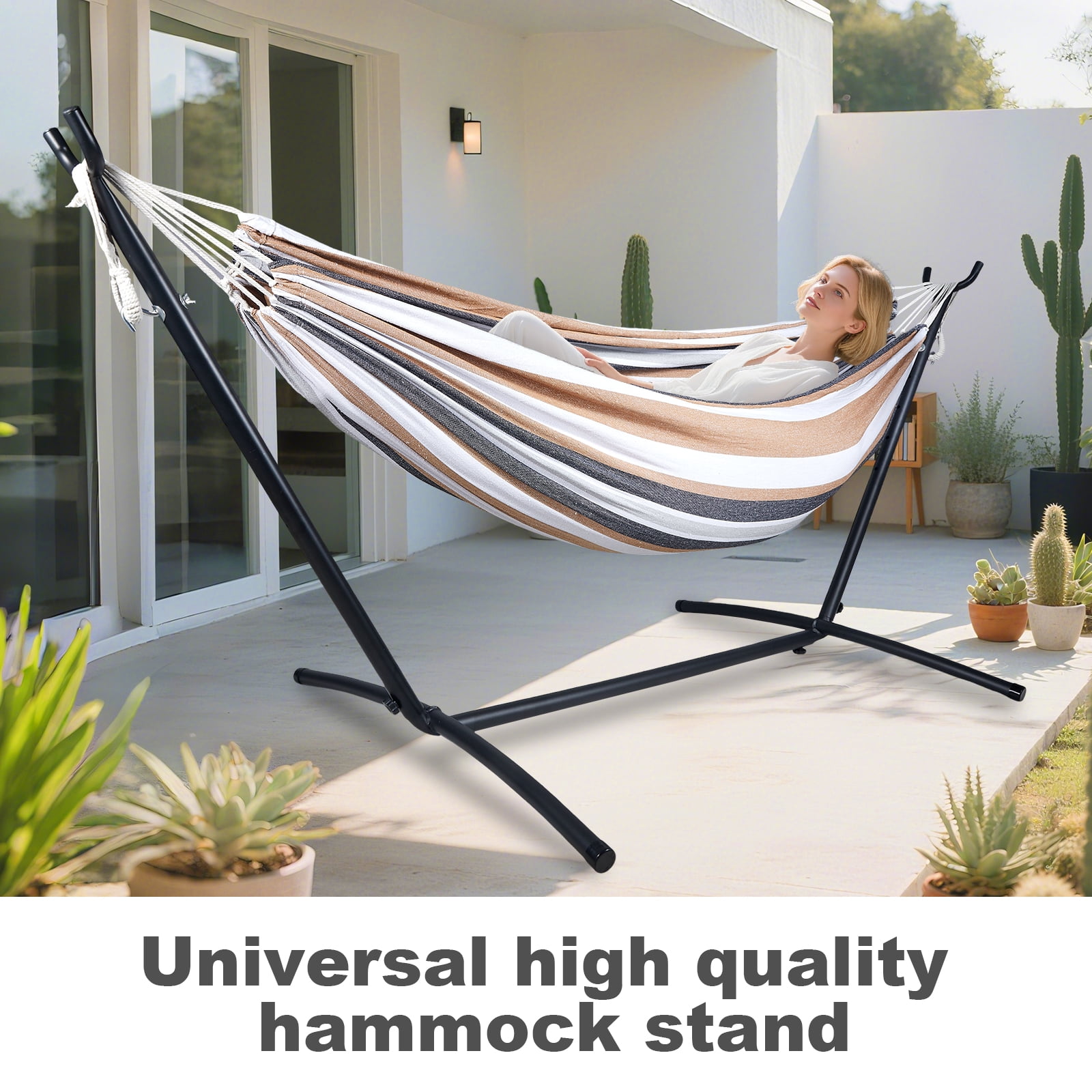 Double Hammock with Stand Sturdy 440lbs Capacity Hammock for Camping Outside Garden Outdoor Indoor Patio Backyard, Brown