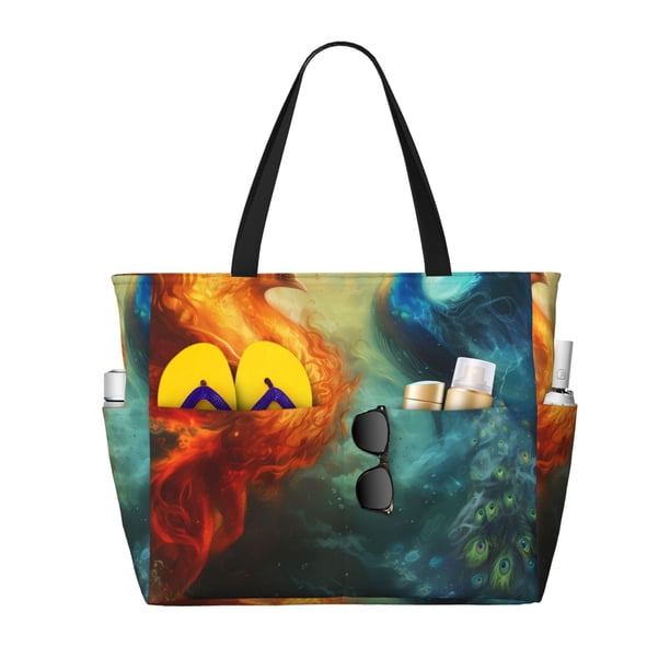 Fotbe Red And Blue Fire Peacock Bolsa de Viaje para Playa - Resistente al Agua, Bolsa Tote de Gran Capacidad y Ligera con 7 Bolsillos para Mujeres y Hombres