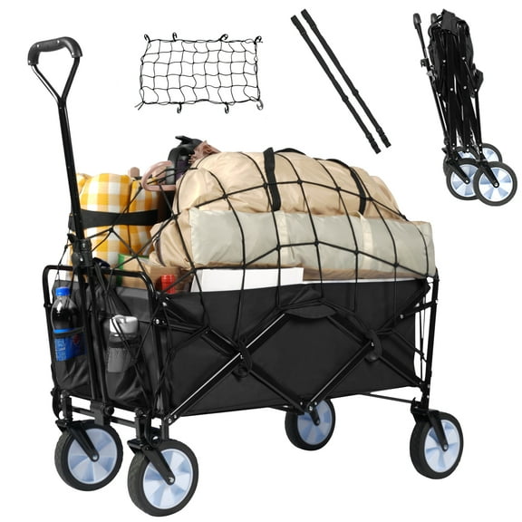 Folding Collapsible Beach Wagon Foldable Portable Shopping Utility Grocery Cart Heavy Duty Garden Yard Wagons Carts with Cargo Net & Straps & All Terrain Wheel for Camping Sports Picnic,Black