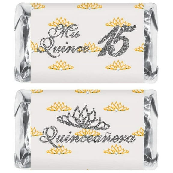 Mis Quince Miniature Candy Bar Wrapper, Quinceanera Mini Chocolate Bar Stickers for 15 Birthday Party, Table Top Event Decorations, (Set of 60) Candy Not Included (Silver)