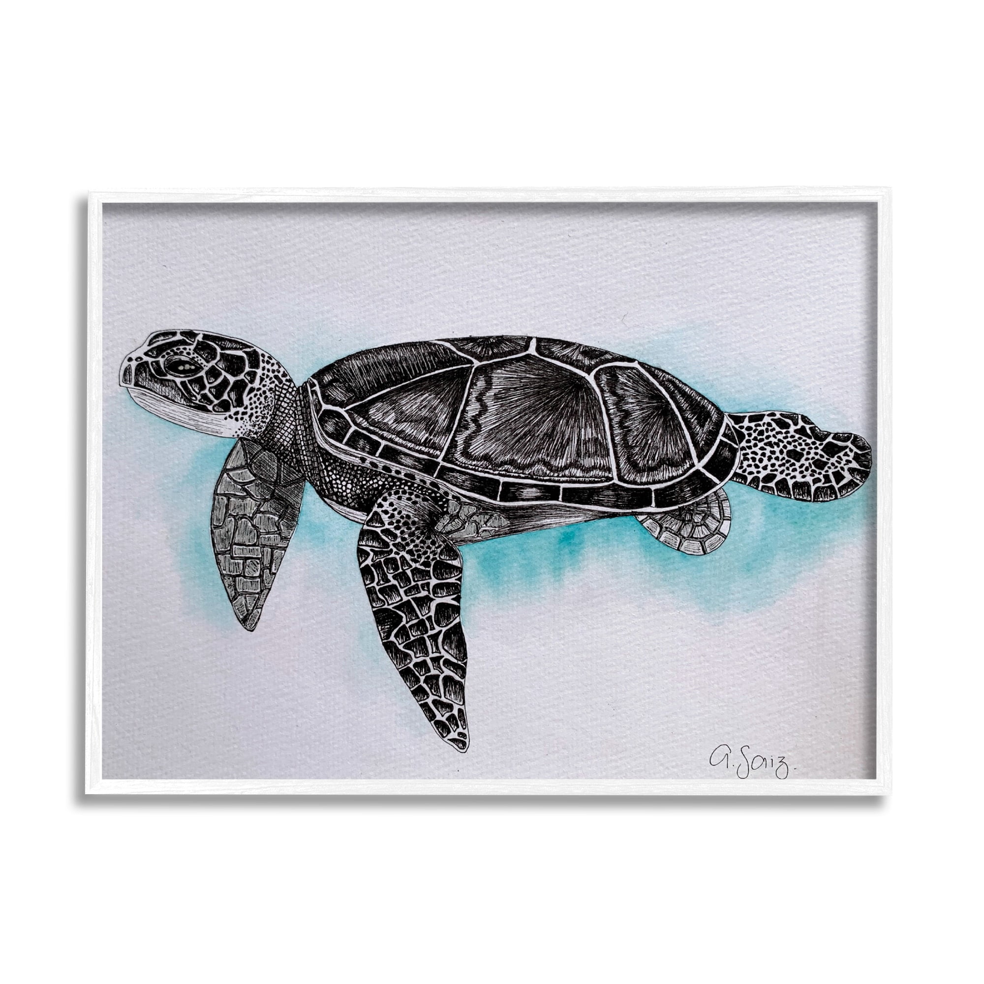 Stupell Industries Monochrome Sea Turtle Marine Life Watercolor Pattern Framed Wall Art, 14 x 11, Design by Ale Saiz Studio
