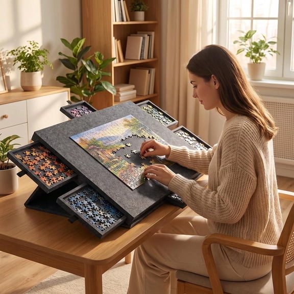 Ergonomic Tilting Jigsaw Puzzle Board with 6 Sorting Drawers, Protective Cover, and Non-Slip Slanted Felt Surface for 1000 PCS Puzzles