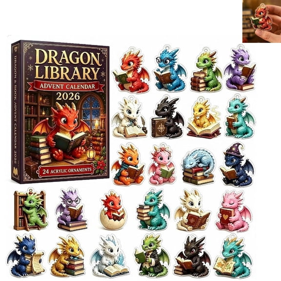 ALOEWXXR Dragon Advent Calendar 2026, Cozy Reading Dragon 2D Ornament Countdown for Bookshelf Tree Decor