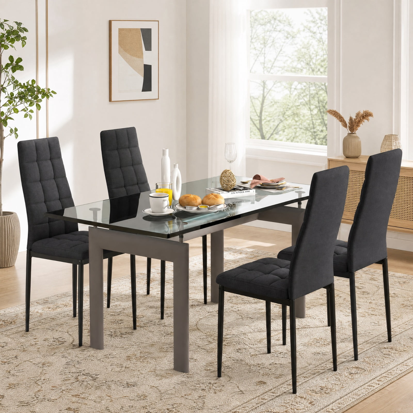 Furnibear Upholstered Dining Chairs Set of 4 with Padded Fabric Cushion and High Back for Kitchen and Dining Room Seating, Black