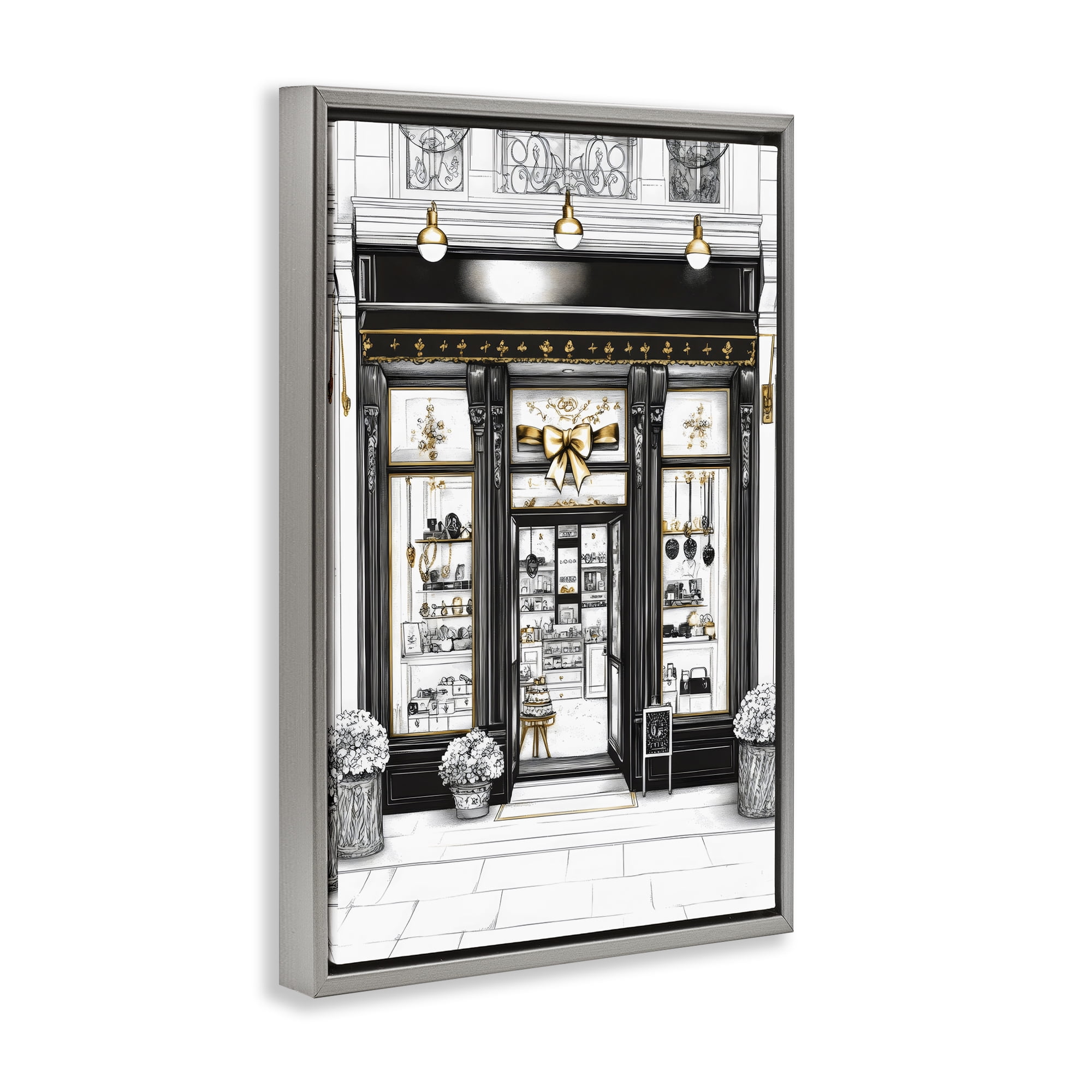 Stupell Industries Glam Paris Shop Facade Gray Framed Floater Canvas Wall Art, design by Petal Prints Design