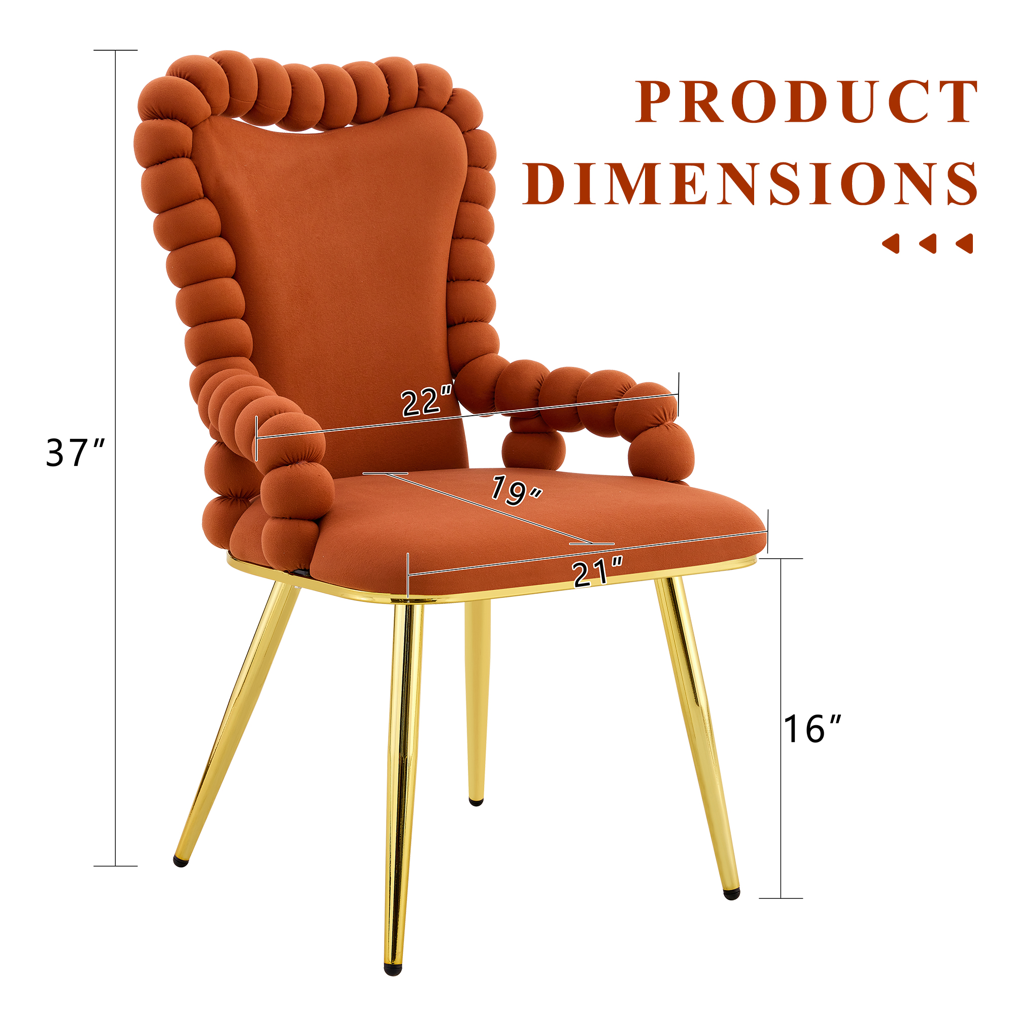 TesNus Set of 2 Brown Velvet Bubble Tufted Dining Chairs with Gold Metal Legs and Armrests for Dining Room