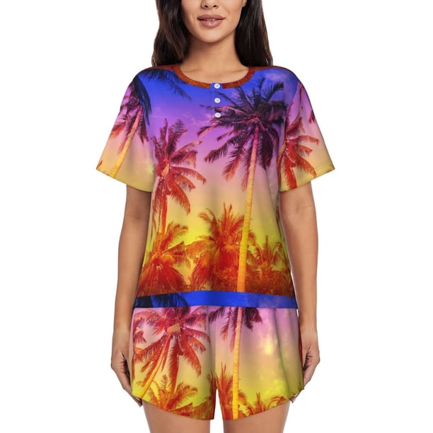 Fotbe Palm Trees at Sunset Conjunto de Pijama Estampado para Mujer, 2 Piezas, Ropa de Dormir con Camiseta de Manga Corta y Shorts Suaves-Small