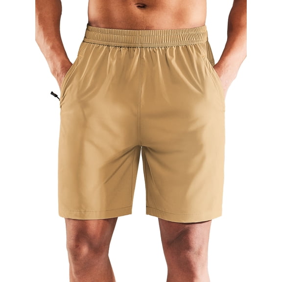 MIER Men's Dry Fit Athletic Running Shorts with 3 Zipper Pockets, Khaki, S