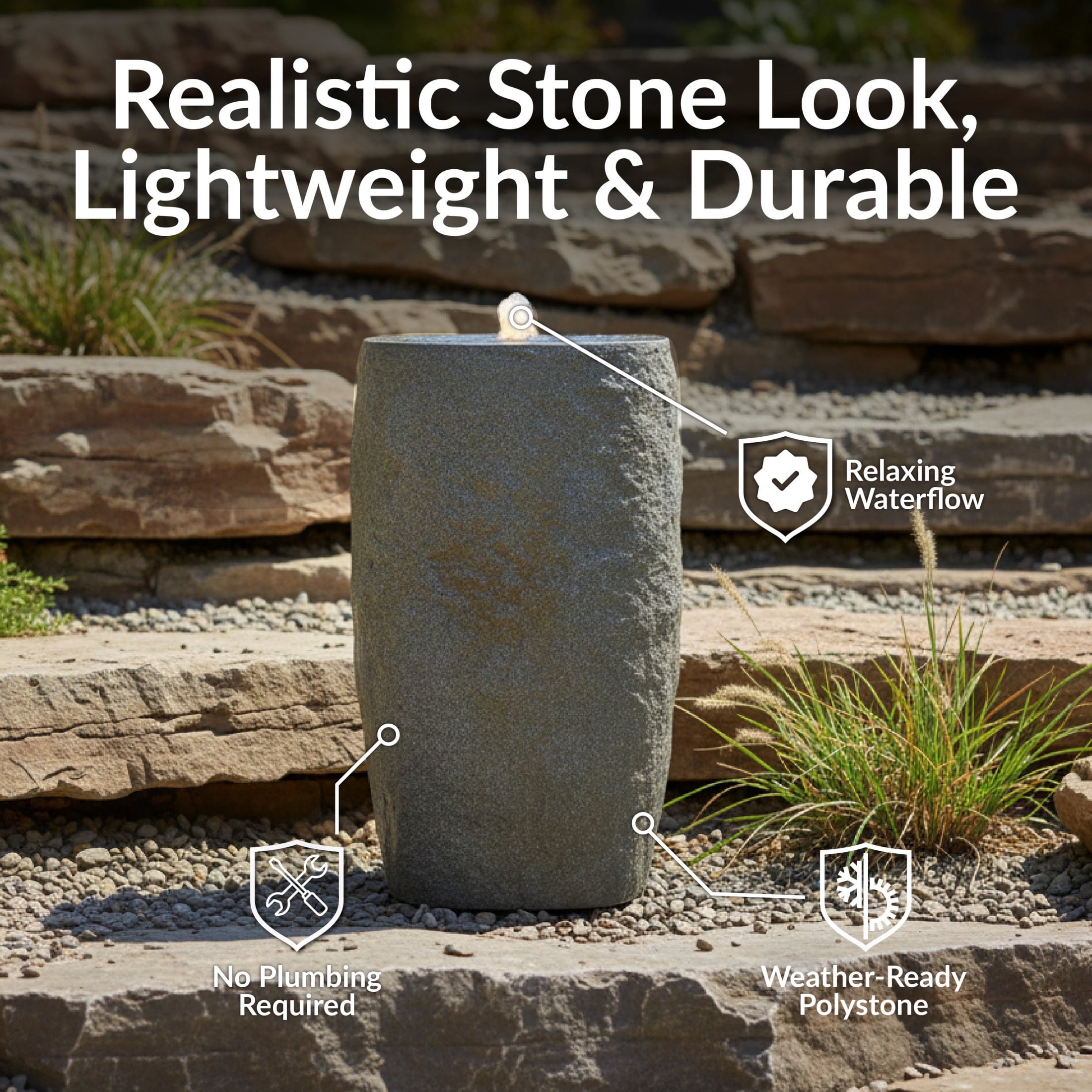 Sunnydaze Cylinder Gray Outdoor Bubble Fountain, LED Light