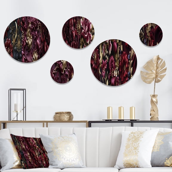 Designart "Burgundy Floral Elegance In Majesty" Abstract Round Wall Art Set Of 5 - Red Glam Hallway Metal Art Print Set