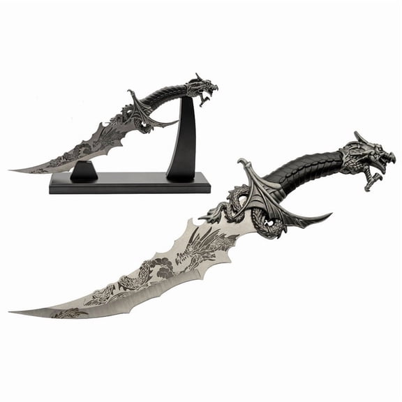 SZCO 13.25" Sea Dragon Fantasy Knife, Stainless Steel Blade with Dragon Graphic, Decorative ABS Handle with Wood Stand for Home Display and Gifting