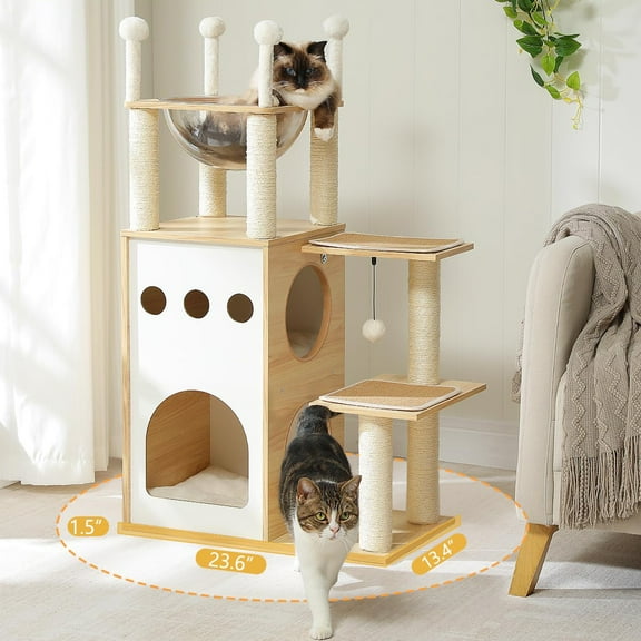 Pefilos 42" Cat Tree House for Multiple Cats, Cat Tower with Double Spacious Condos Perch, Hammock, Kittens Activity Centre, Beige