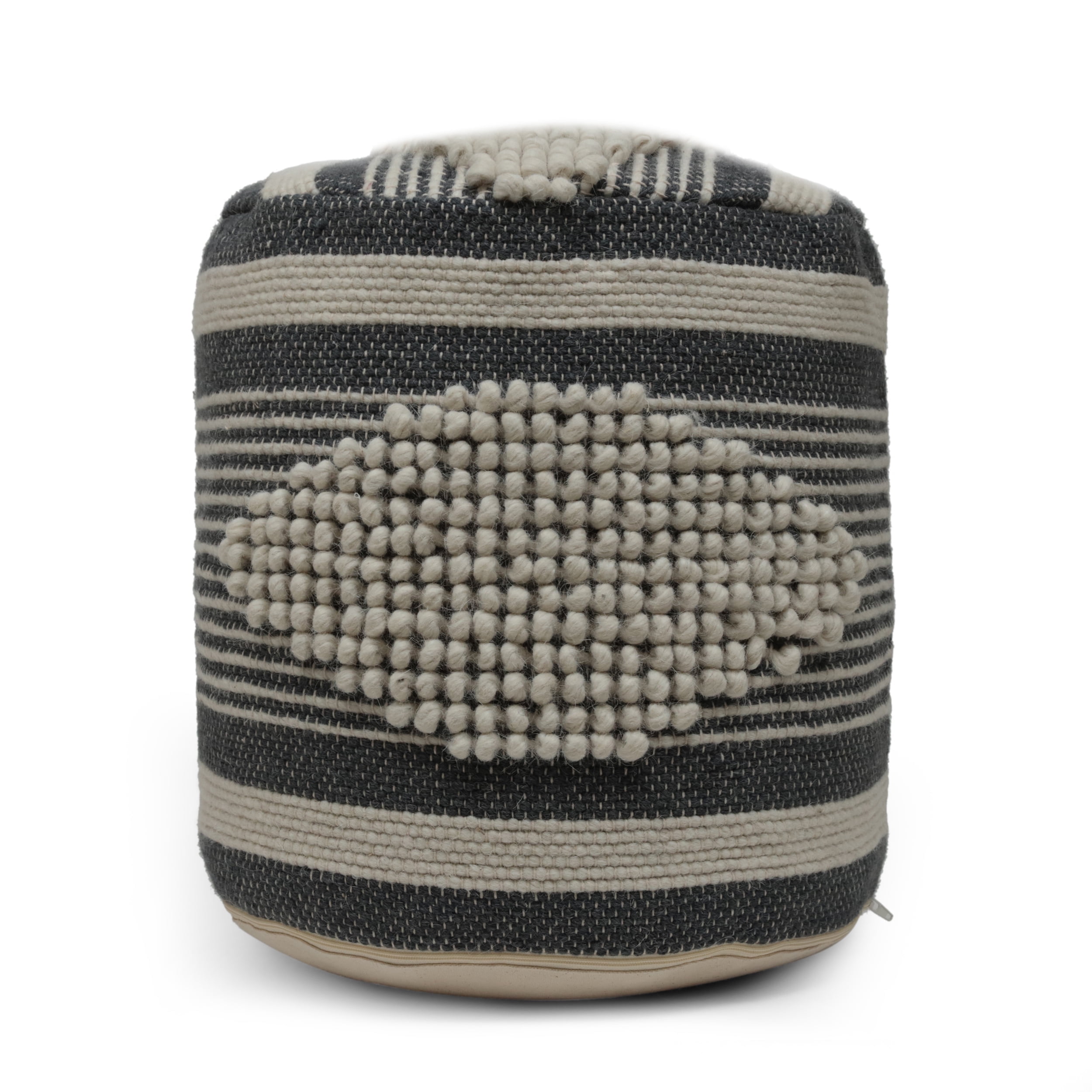 Mintazer Handcrafted Fabric Cylindrical Pouf Chair, Striped Round Pouf for Living Room Bedroom, Dark Grey