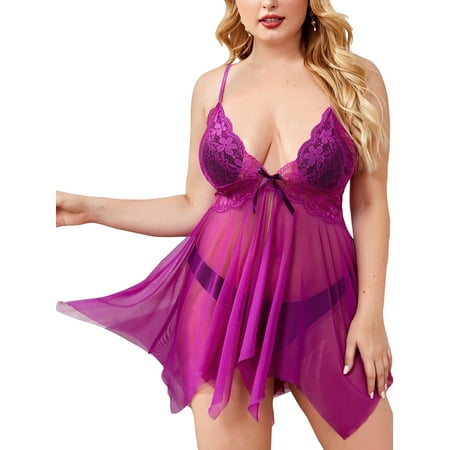 

Capreze Women Lingerie Plus Size Babydoll Lace Sleepwear Backless Chemise Hollow Out Nightwear Purple 2XL