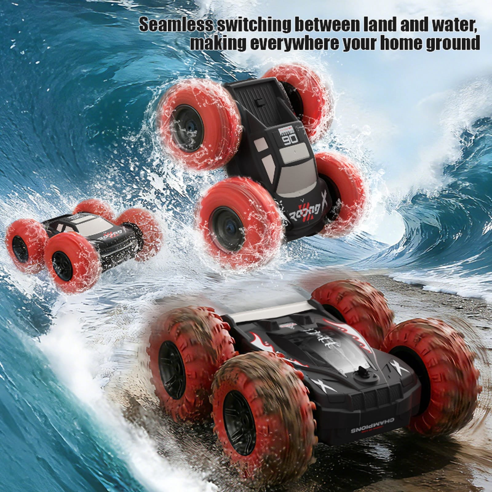 2.4G Amphibious RC Stunt Car, Rechargeable Double-Sided Water Land Remote Control Vehicle with 360 Flip, All Terrain