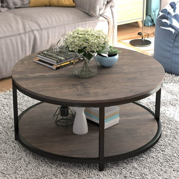 NSdirect Rustic Wooden Surface Top Round Coffee Table with Storage Open Shelf, Light Walnut