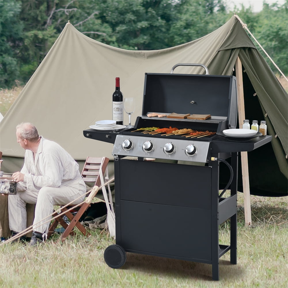 Aminy 4 Burner Propane Gas Grill for Camping, 34,200 BTU Smokeless BBQ Portable Grill with Storage & Side Table, Stainless Steel Gas Grill for Kitchen and Patio Backyard