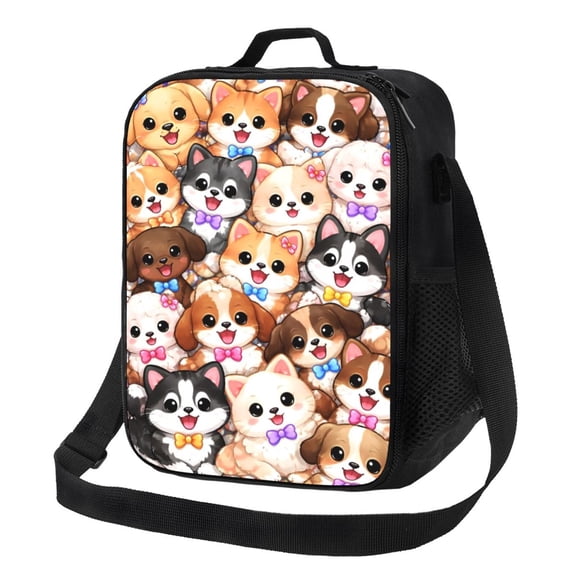 Cute Dog And Cat Lunch Bag Insulated Thermal Lunch Box with Shoulder Strap & Handle for Women and Men