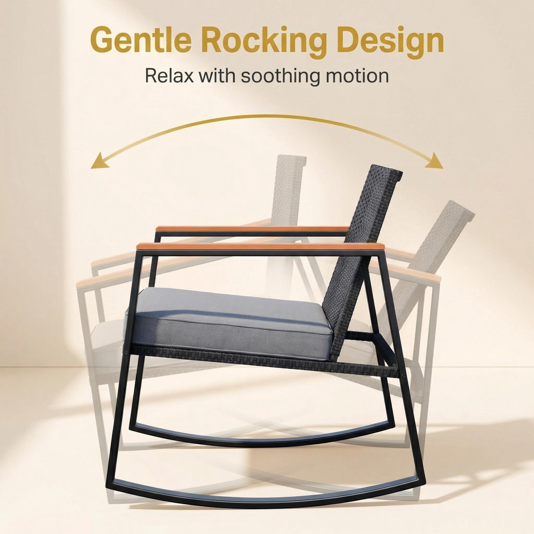 Lofka 3-Piece Rocking Patio Bistro Set, Outdoor Wicker Furniture Set with Tempered Glass Table & Chairs for Patio Balcony Porch, Gray