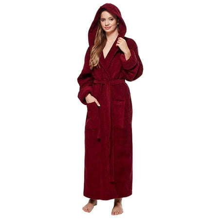 

Maroon Hooded Terry Cloth Robe for Women One Size Adult. Spa & Resort Sales