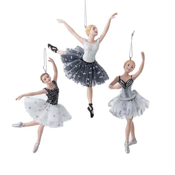 Kurt Adler 5.5" Black and Silver Ballerina Ornaments, Set Of 3, Assortment