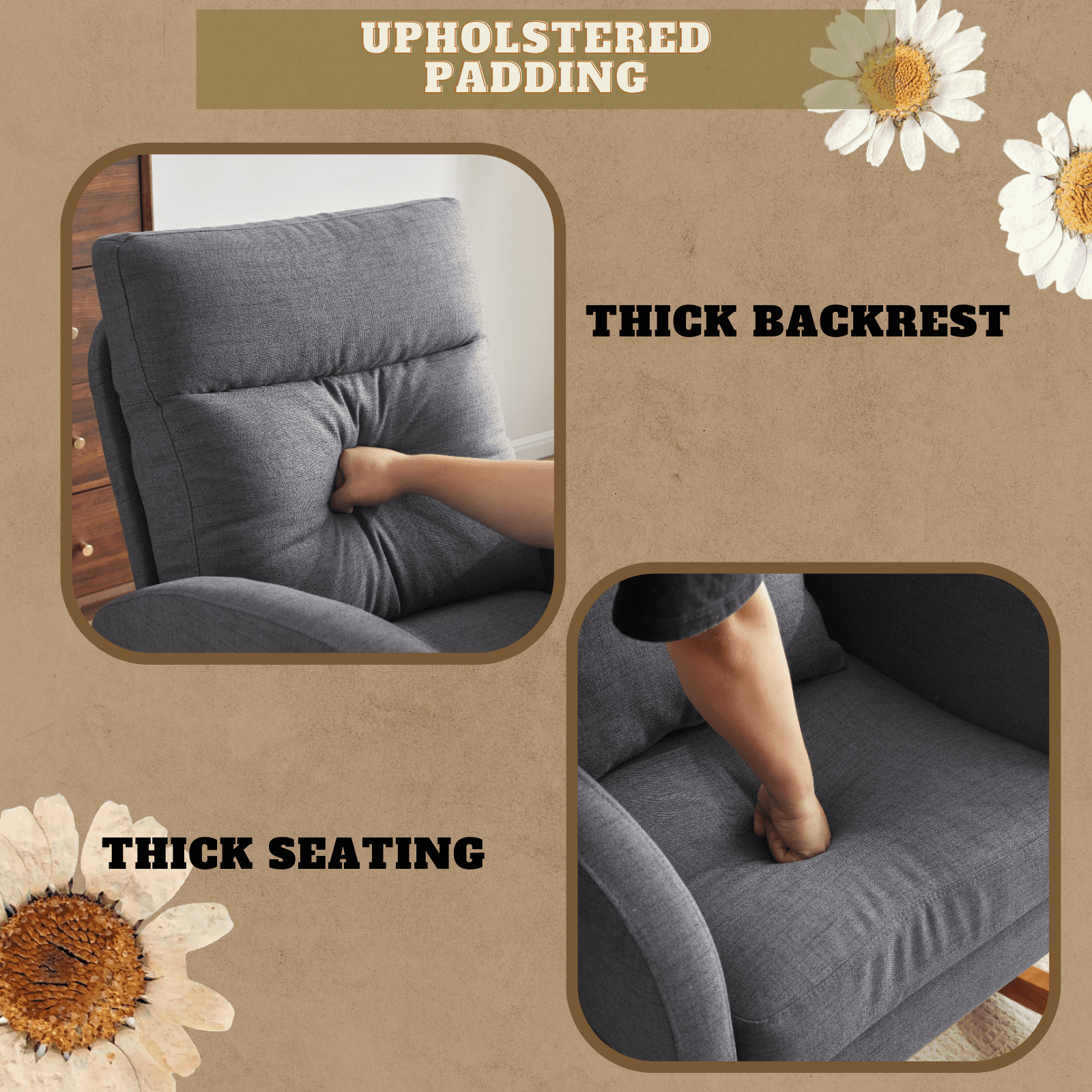 UBesGoo Rocking Accent Chair Armchair Reading Chair, Comfy Single Sofa Rocker with Sturdy Wooden Frame for Living Room Bedroom Gray