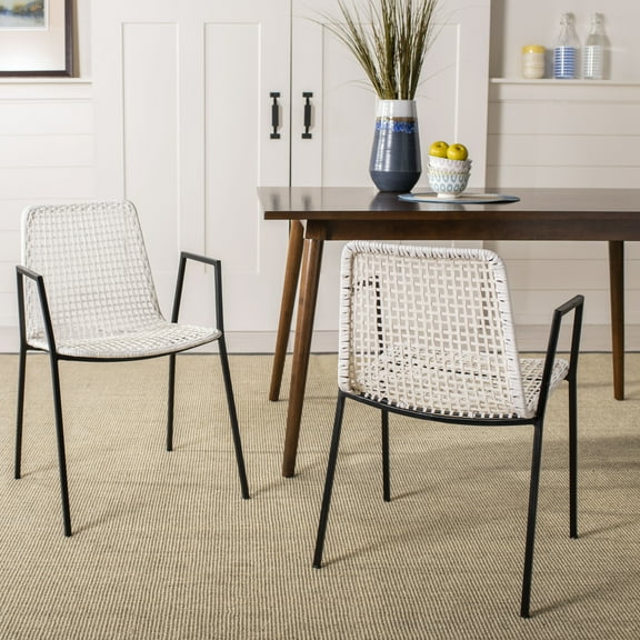 SAFAVIEH Wynona Modern Glam Leather Woven Dining Chair, White/Black, Set of 2