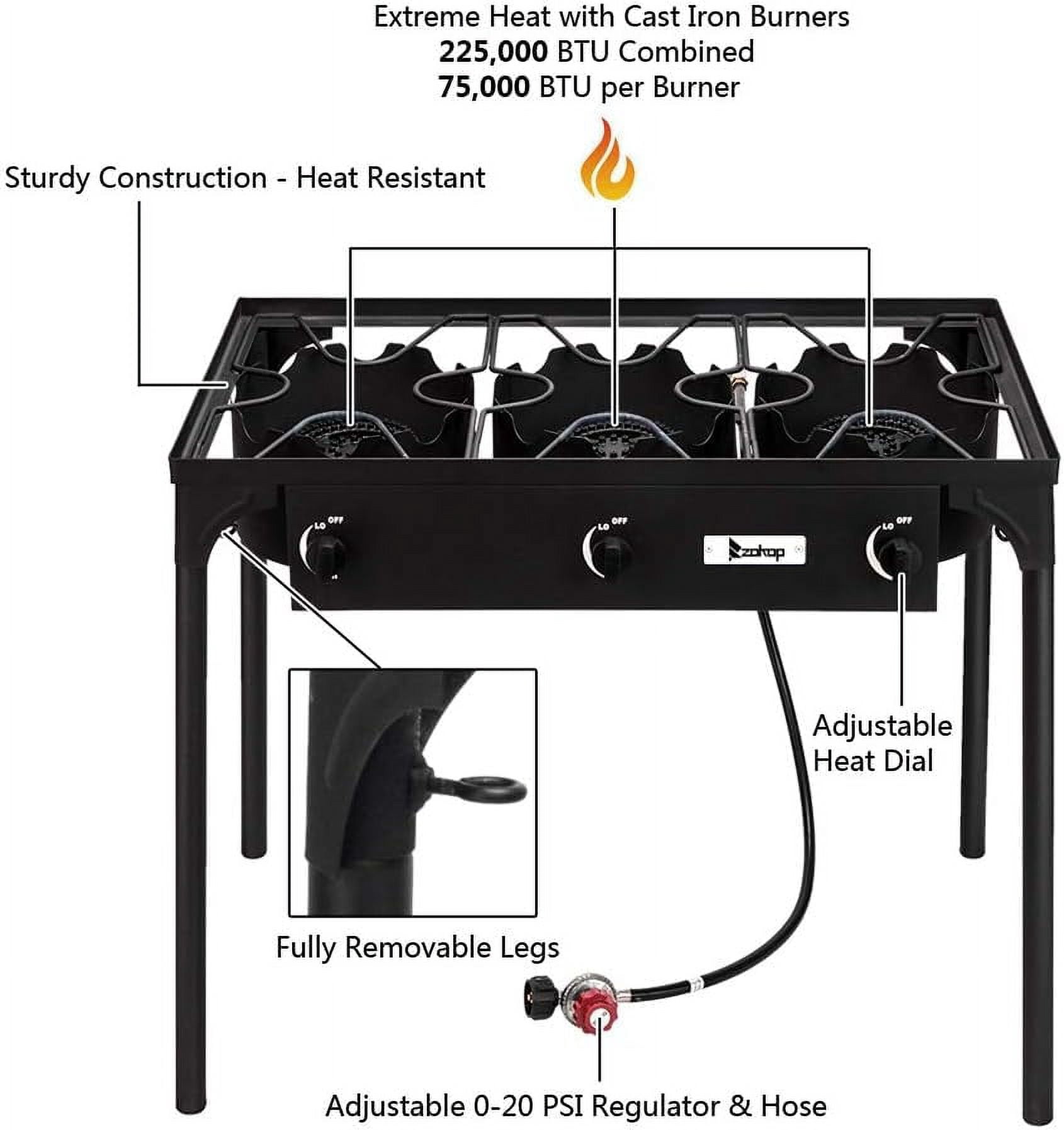 Outdoor Camp Stove High Pressure Propane Gas Cooker Portable Cast Iron Patio Cooking Burner (Three Burner 225000-BTU)