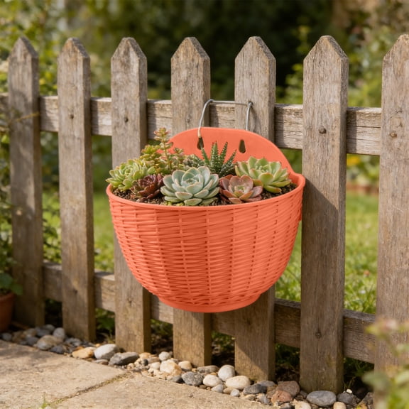 Taotanxi Imitation Rattan Wall Hanging Planter, Hanging Planter Pot Half Round, Imitation Rattan Wall-Mounted Semicircular Flower Pot, for Indoor Outdoor Balcony Fence (Red)