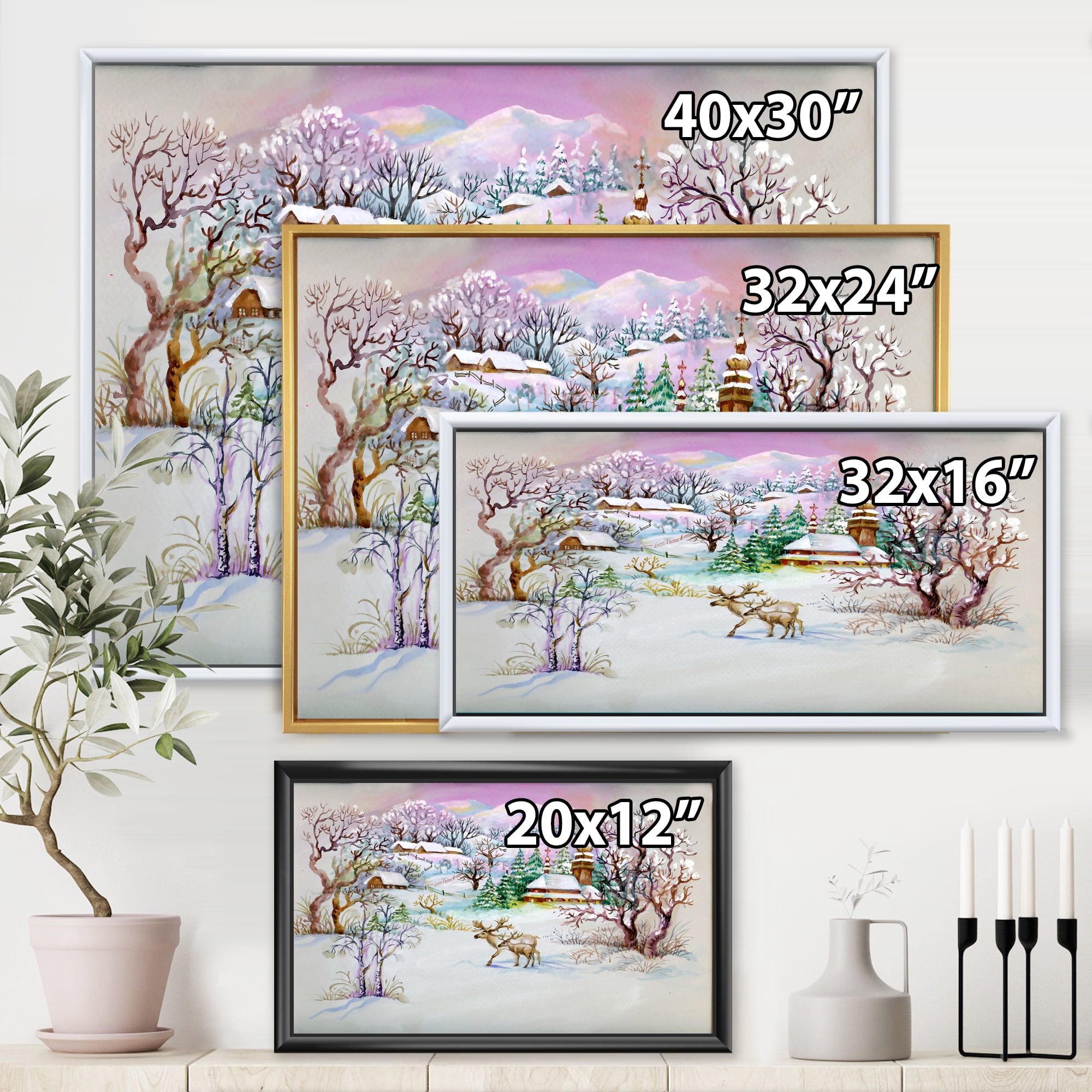 Winter VIllage Life Landscape 32 in x 16 in Framed Painting Canvas Art Print, by Designart