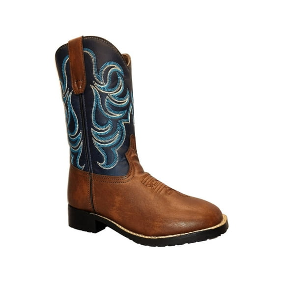 TuffRider Youth Zion Square Toe Western Boot- Brown w/ Blue- 4Y