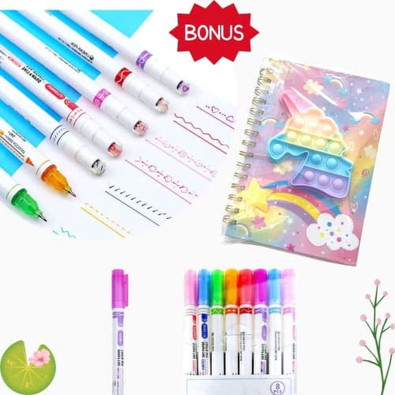 LILIPADS CREATIONS Curve Highlighter/Dual Tip Pen Set, 8PCS /With A Bonus 1PCS Random POP Spiral NoteBook