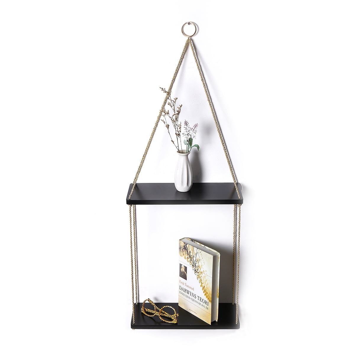 2 Tier Wall Hanging Shelf, Wood Hanging Wall Shelves, Premium Swing