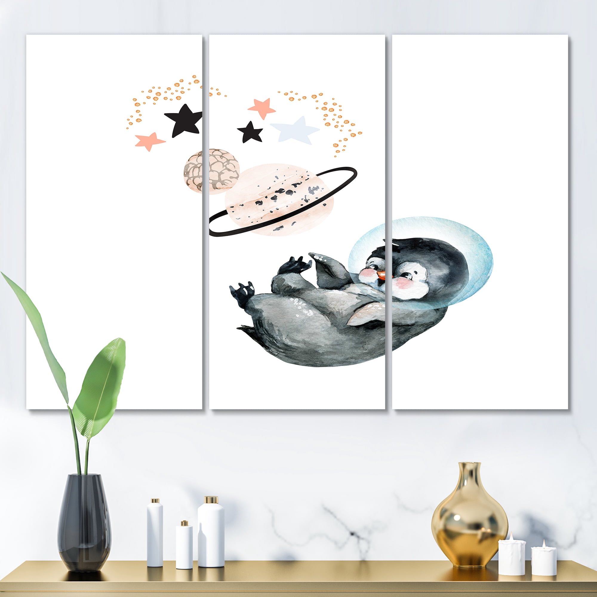 Designart ' Little Penguin With Planets and Stars I ' Farmhouse Canvas Wall Art Print