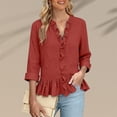 thumbnail image 3 of CLOISE 3/4 Length Sleeve Womens Tops Blouses Dressy Casual Plus Size Ruffle Shirts Solid Color V Neck Pullover Cotton Blend Elegant Fall Clothes Red 3XL, 3 of 6