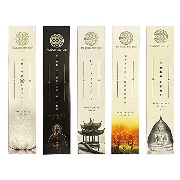 Fluer de Vie Incense Sample Pack | White Lotus, Five Tibetan Rites, Holy Temple, Sacred Garden, Yoga Leaf | 5 Scents | Each 15gms Packs - 75 GMS Total