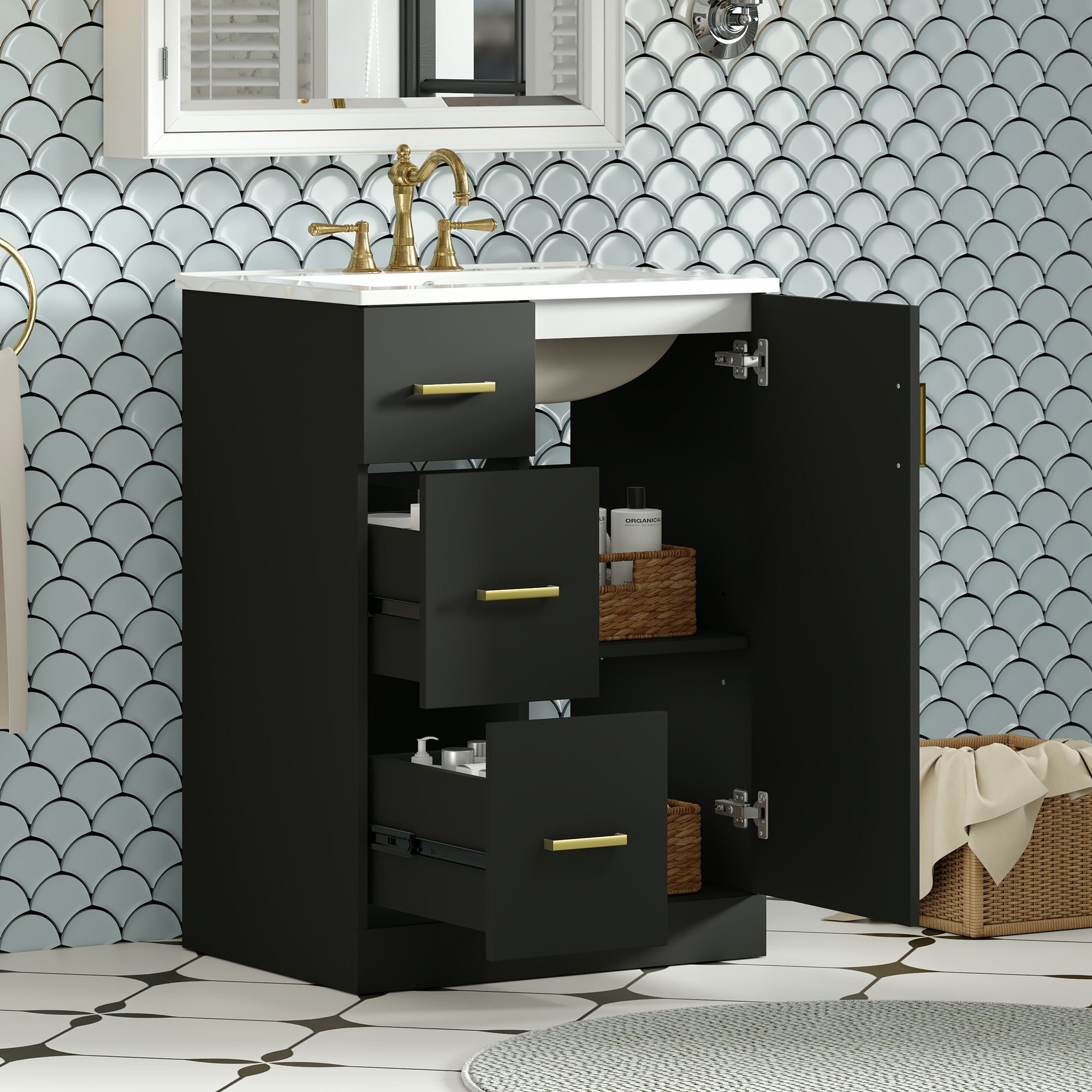 Euroco 24" Modern Bathroom Vanity with Sink, Small Bathroom Sink Cabinet with 2 Drawers and Soft-Closing Door, Under-mount Sink Bathroom Cabinet with Drawers