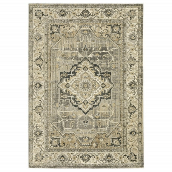 8â€™ x 11â€™ Beige and Gray Traditional Medallion Indoor Area Rug