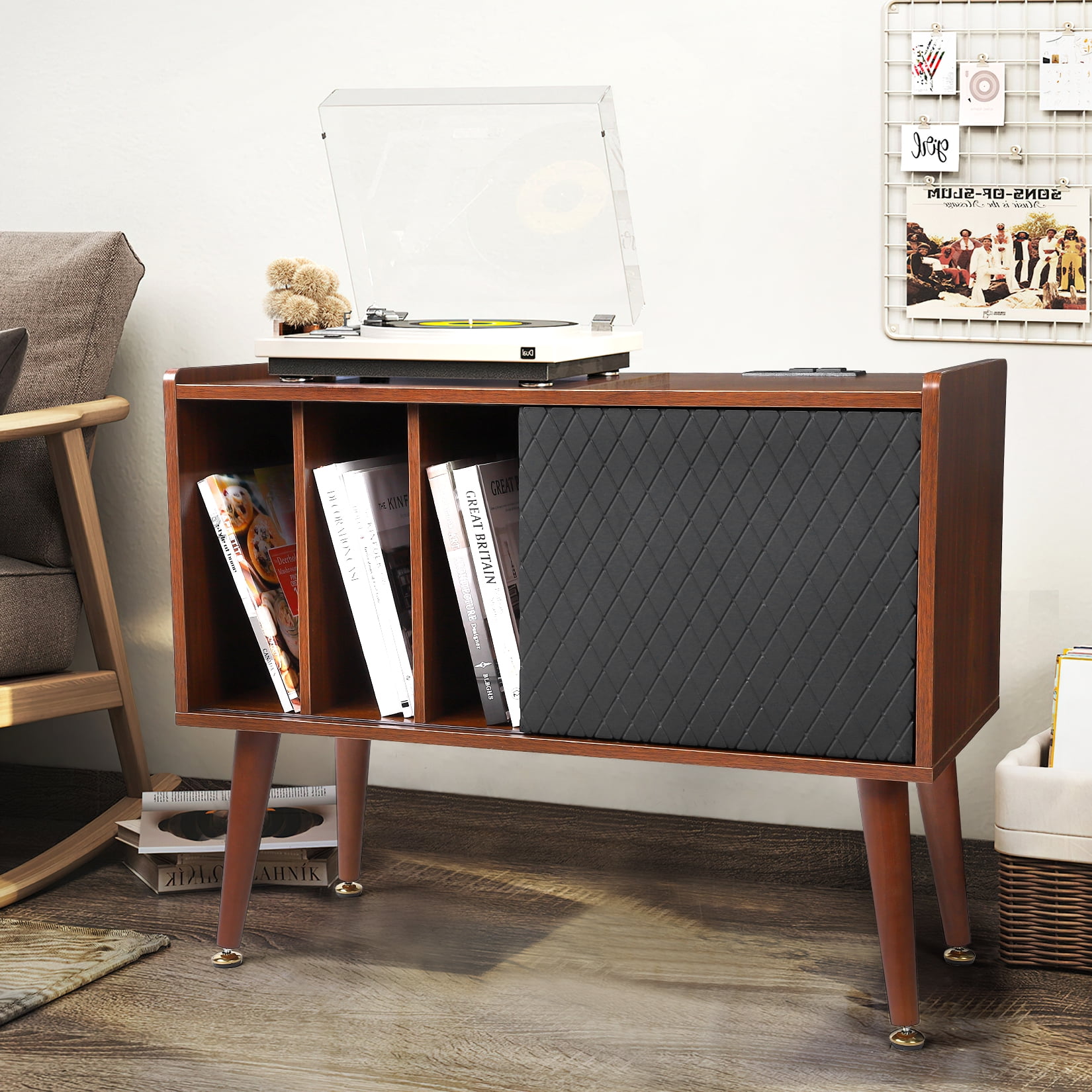 Record Player Stand with Power Outlet, Vinyl Record Storage Cabinet, Turntable Stand, Large Vintage Record Player Table Holds up to 300 Albums, Vinyl Record Cabinet for Living Room,Bedroom