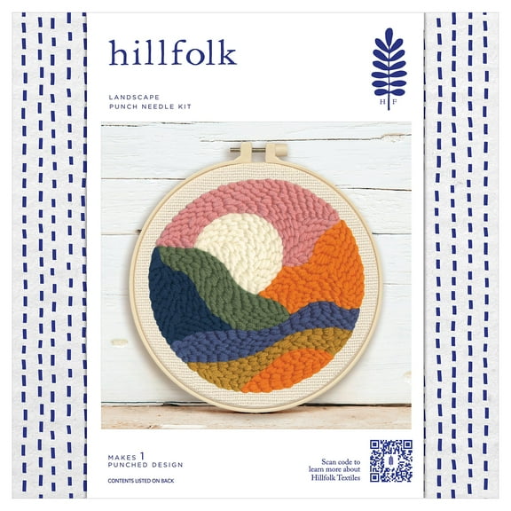 Hillfolk Punch Needle Landscape Kit Includes A 8 Inch Plastic Hoop, Printed Fabric, Yarn, Punch Needle Tool And Instructions. Makes An 8 Inch Punch Needle Design.