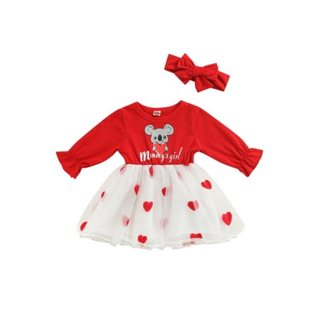 

SUNSIOM Toddler Baby Girls Valentines Day Dress Outfits Long Sleeve Letter Heart Print Mesh Dress Headband