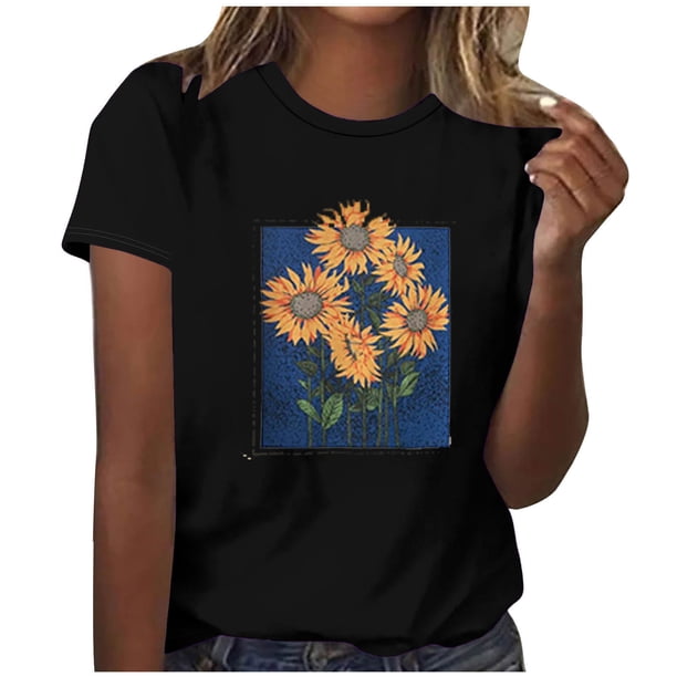 Tops Cortos para las Mujeres Blusas Impresas Manga Corta Cuello Redondo, Tops de Blusa para las Mujeres Primavera Verano Casual