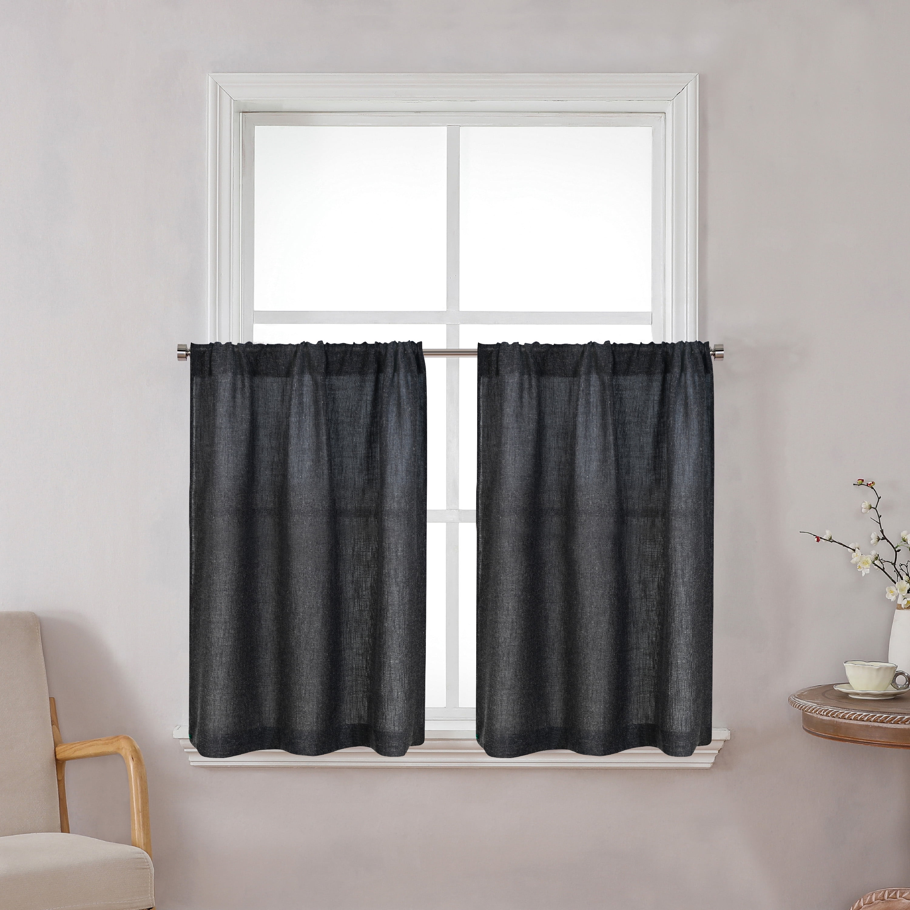Better Homes & Gardens Linen Blend Light Filtering Rod Pocket Kitchen Curtain Tiers and Valance, Set of 3, Rich Black, 60 W x 36 L