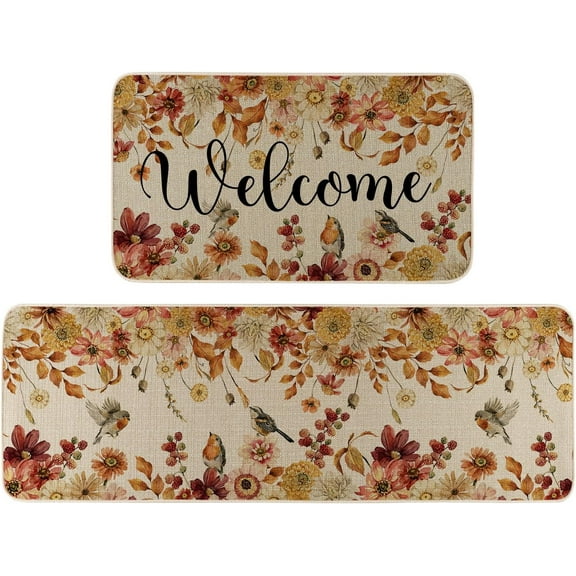 Welcome Floral Leaves Fall Kitchen Rugs Set of 2, Autumn Harvest Thanksgiving Home Decor Low-Profile Kitchen Mats for Floor - 17x30 and 17x47 Inch