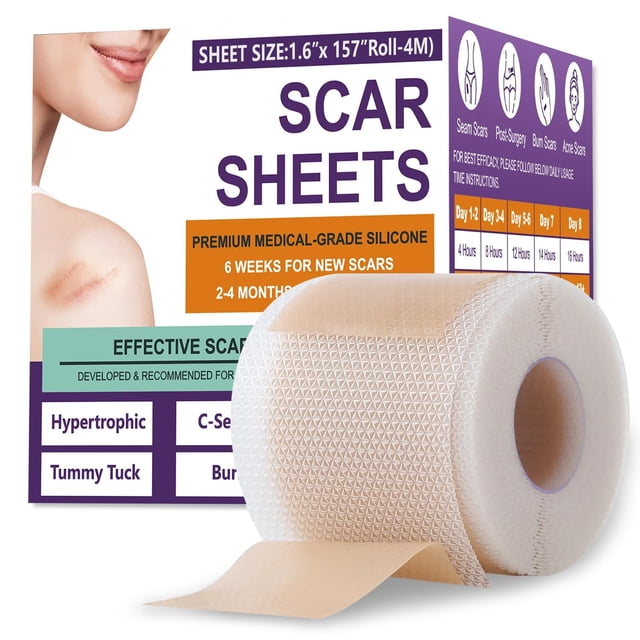 Hojas de silicona para cicatrices,Cinta de silicona para cicatrices,Tiras de eliminación de cicatrices de silicona para cirugía, cesárea, abdominoplastia, cicatrices queloides (rollo de 1,6" x 157"-4M