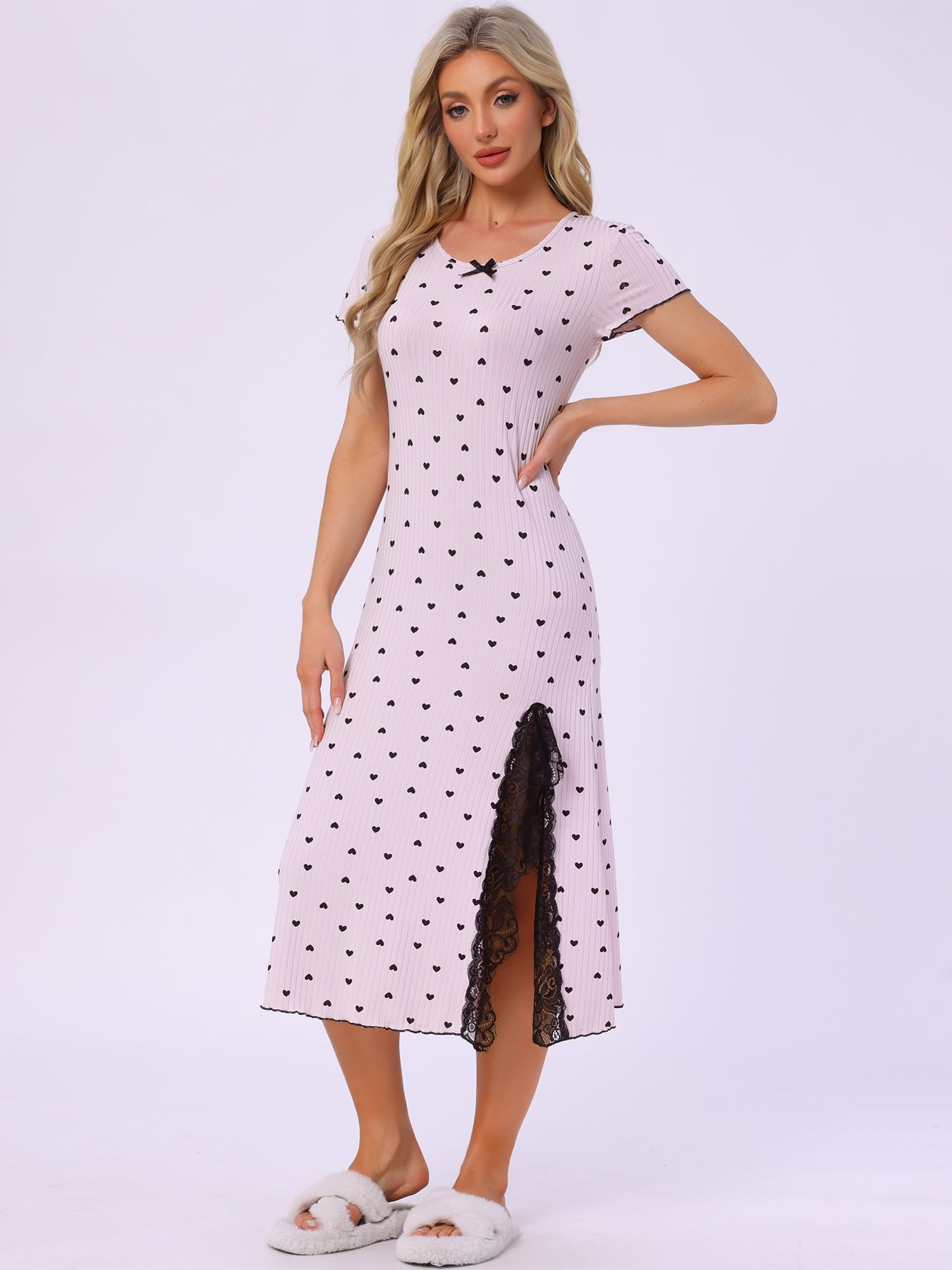 DARING DIVA Women's Short Sleeve Heart Print Lace Trim Ribbed Nightgown S Purple