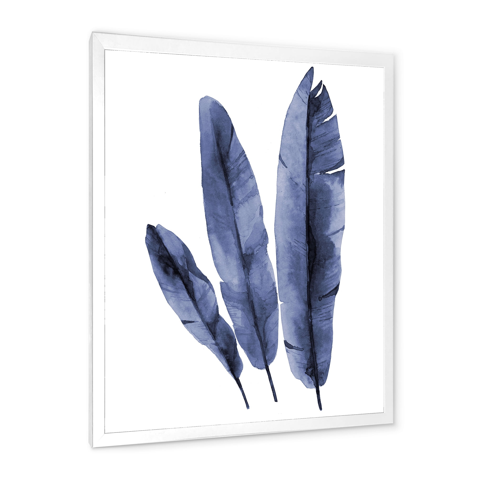 Designart 'Navy Blue Tropical Banana Leaves On White' Tropical Framed Art Print