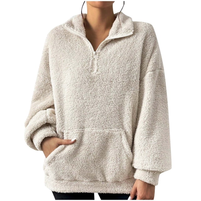 Bowake Chandails en Molleton en Polaire Duveteuse pour Femmes, Col à Revers, Manches Longues, Pull avec Poche