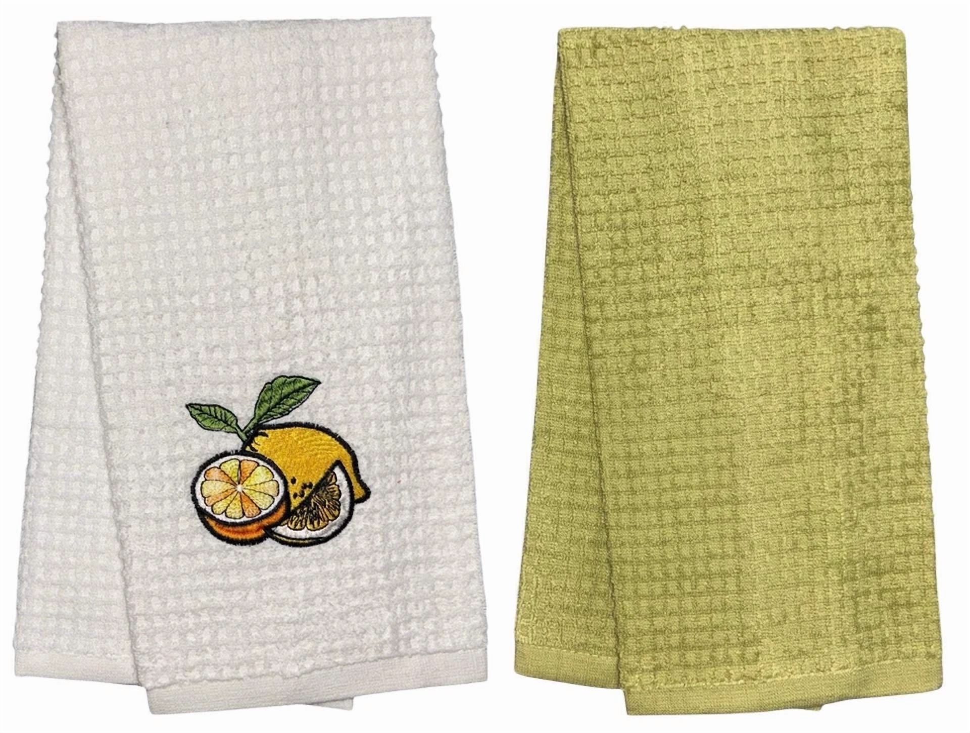 BUTTERFLY- 2 Pcs, 100% Cotton Terry Kitchen Towel - White Towel Lemon Embroidery & Plain Te