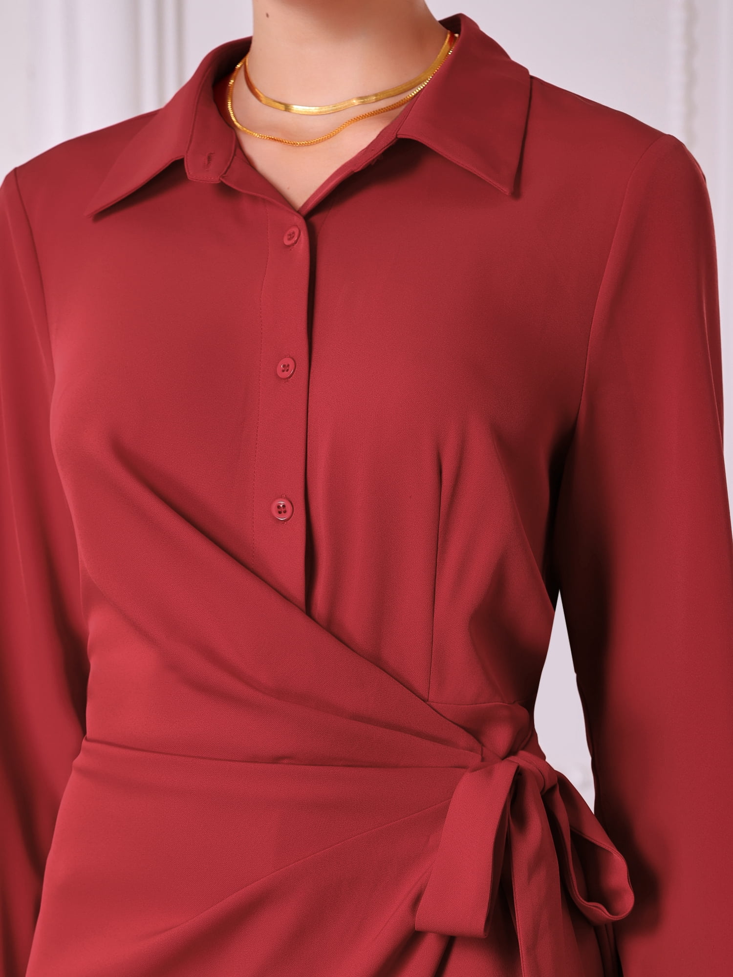 Unique Bargains Women's Tie Waist Shirt Dress Long Sleeve Work A-Line Dresses XL Red